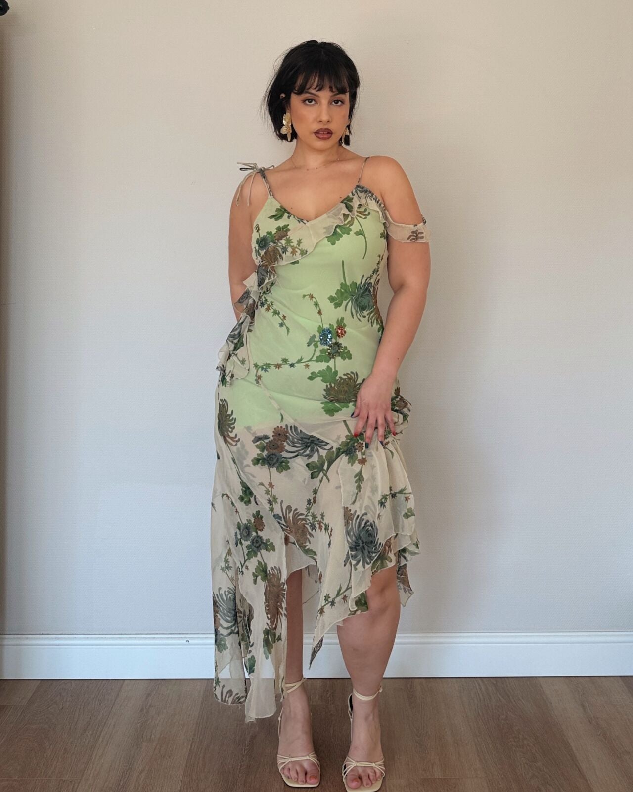 Sage Floral Asymmetrical Slip Dress