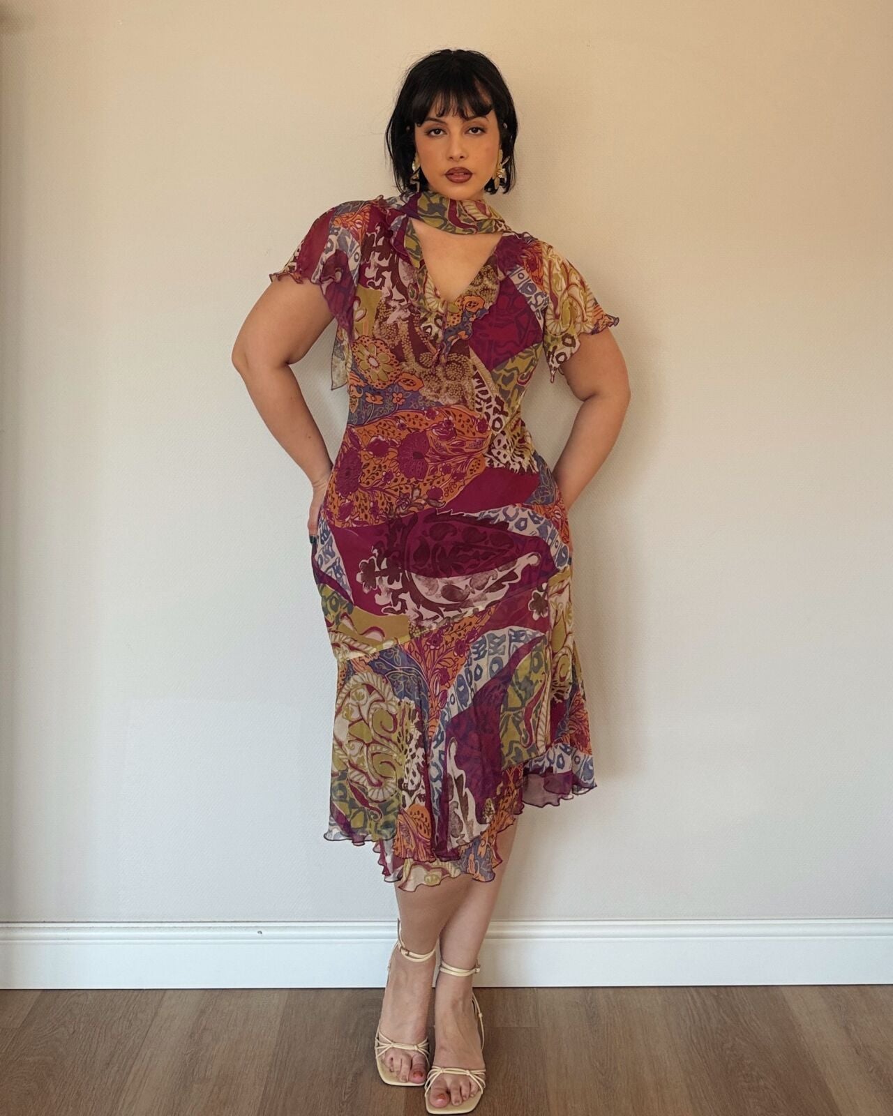 Burgundy Patchwork Midi Dress