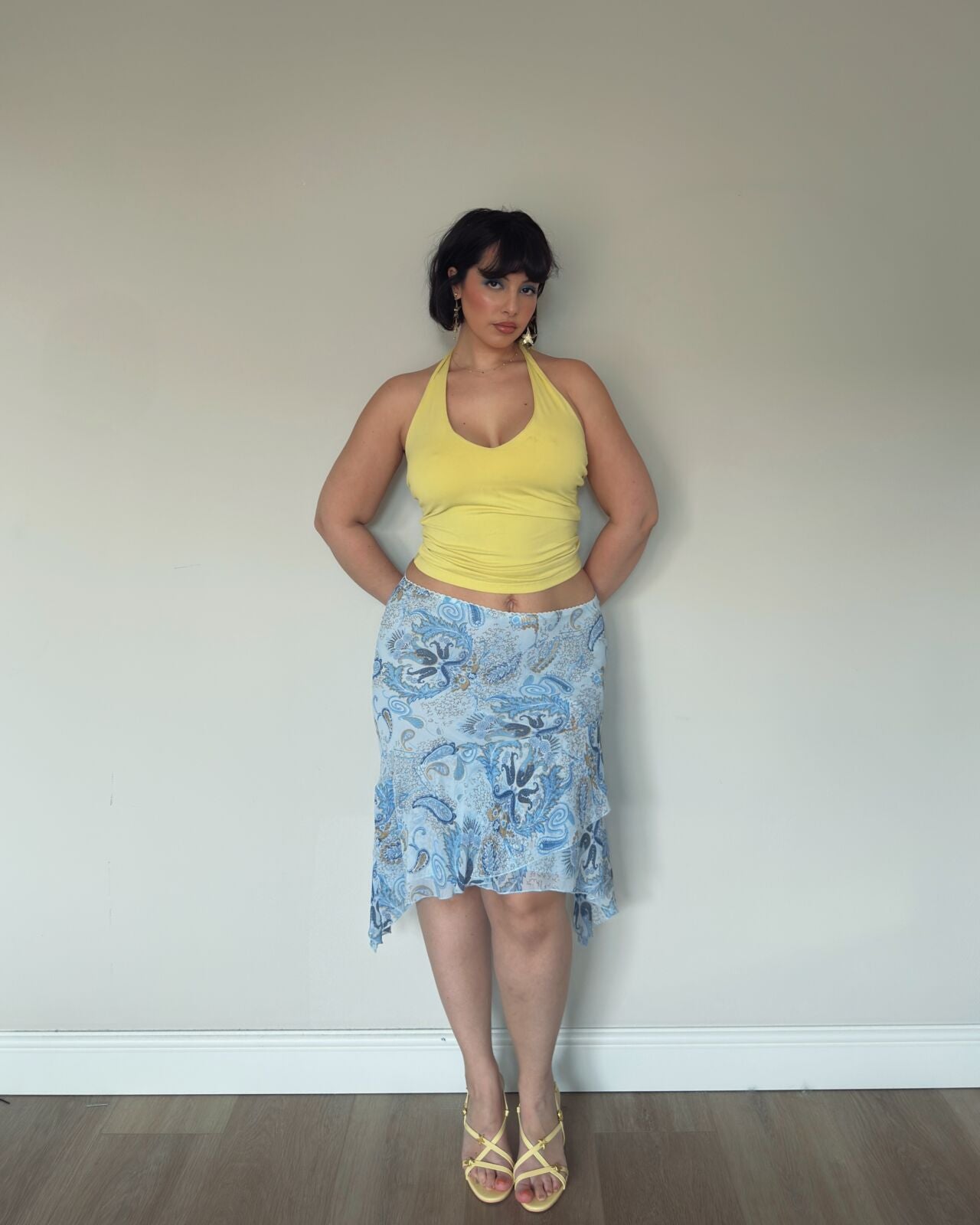 Blue Paisley Asymmetrical Midi Skirt
