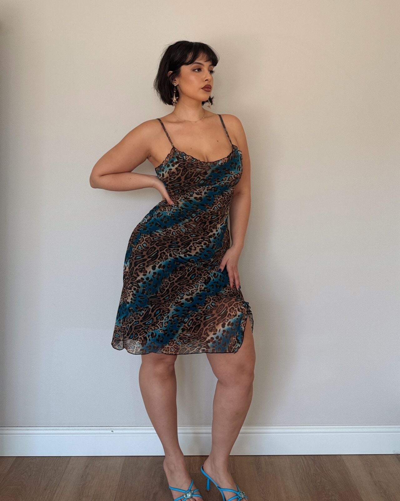 Teal Leopard Print Mesh Dress