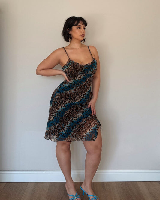 Teal Leopard Print Mesh Dress