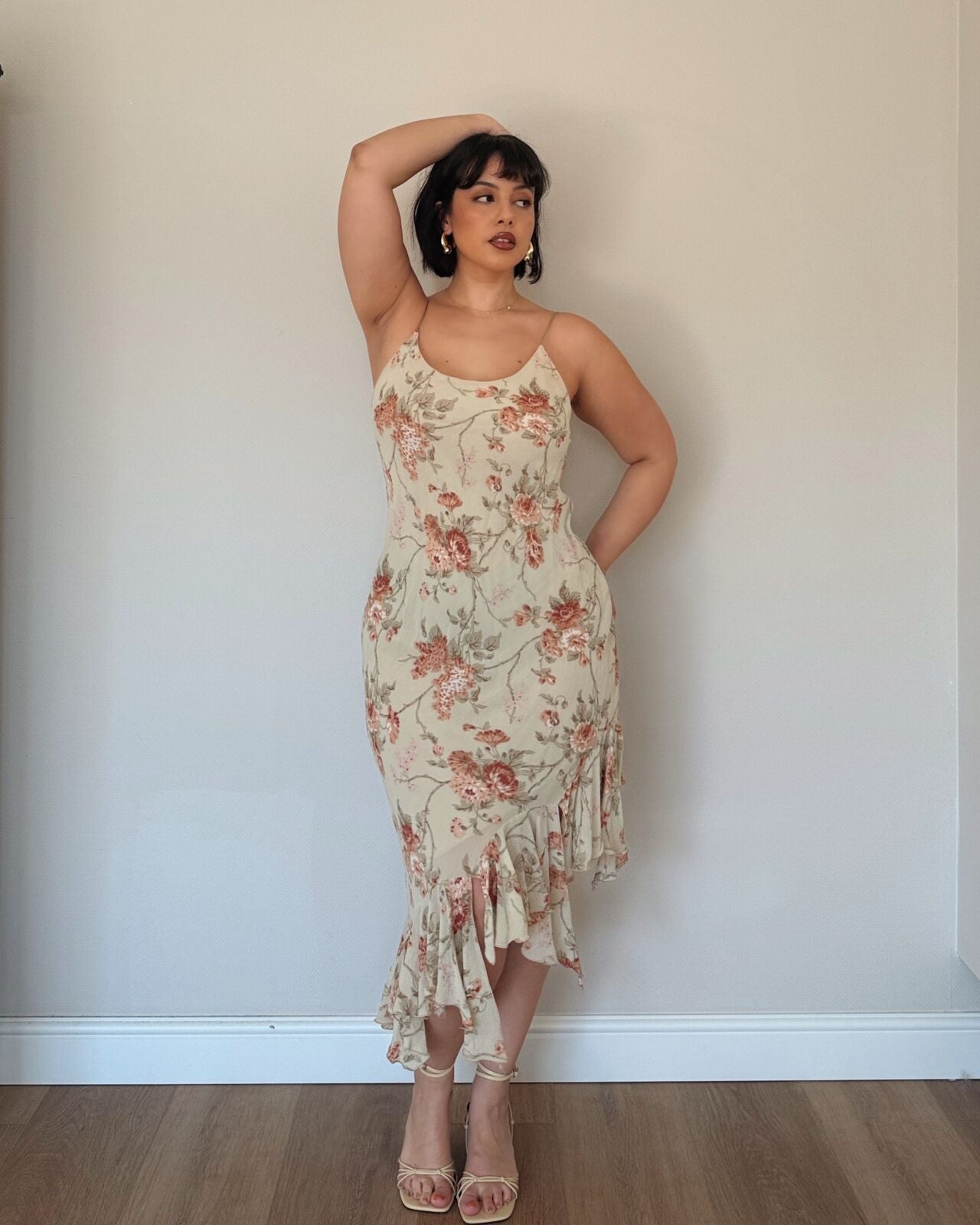 Vintage Cream Floral Asymmetrical Slip Dress