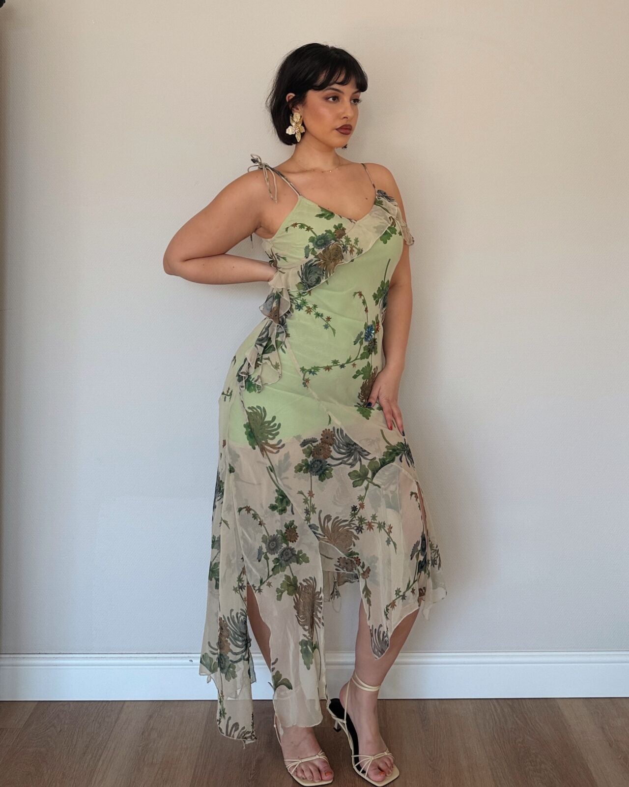 Sage Floral Asymmetrical Slip Dress