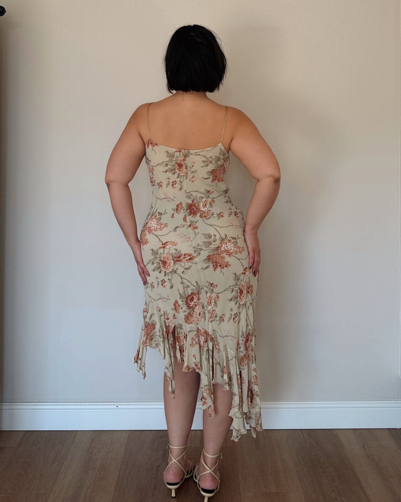 Vintage Cream Floral Asymmetrical Slip Dress