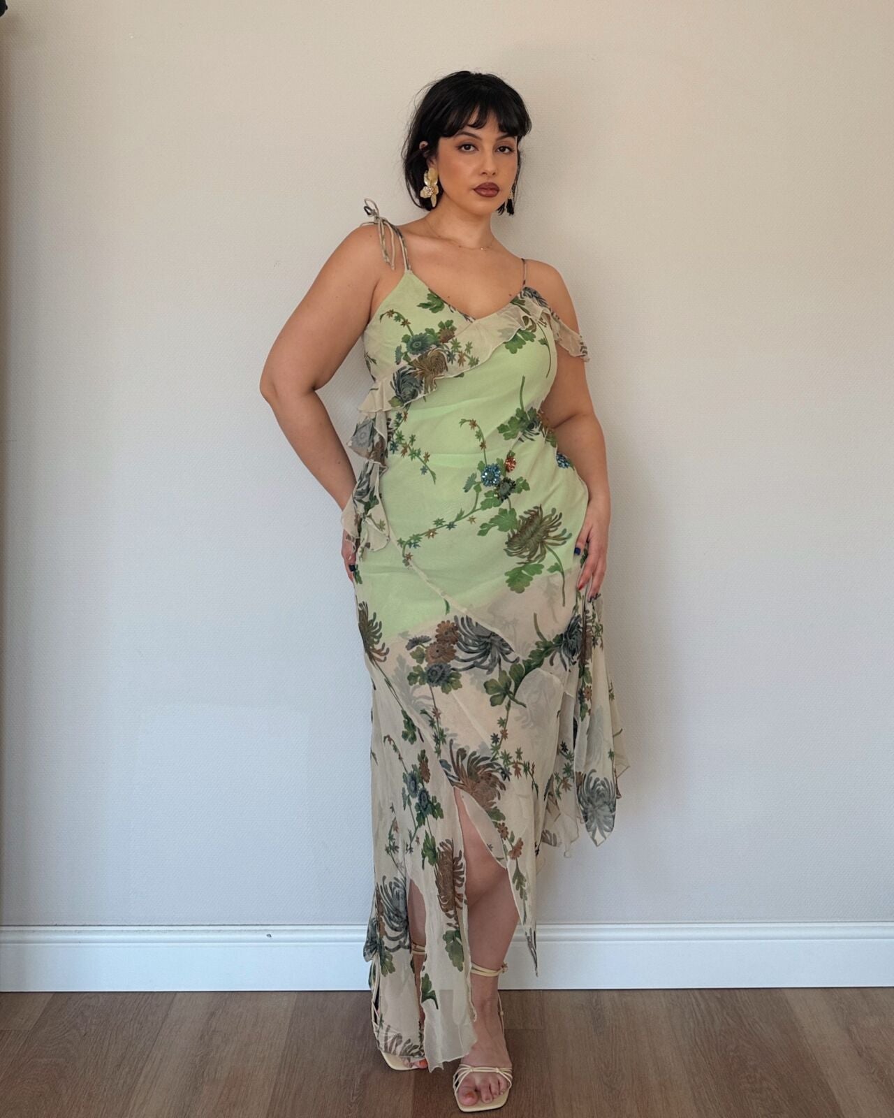 Sage Floral Asymmetrical Slip Dress