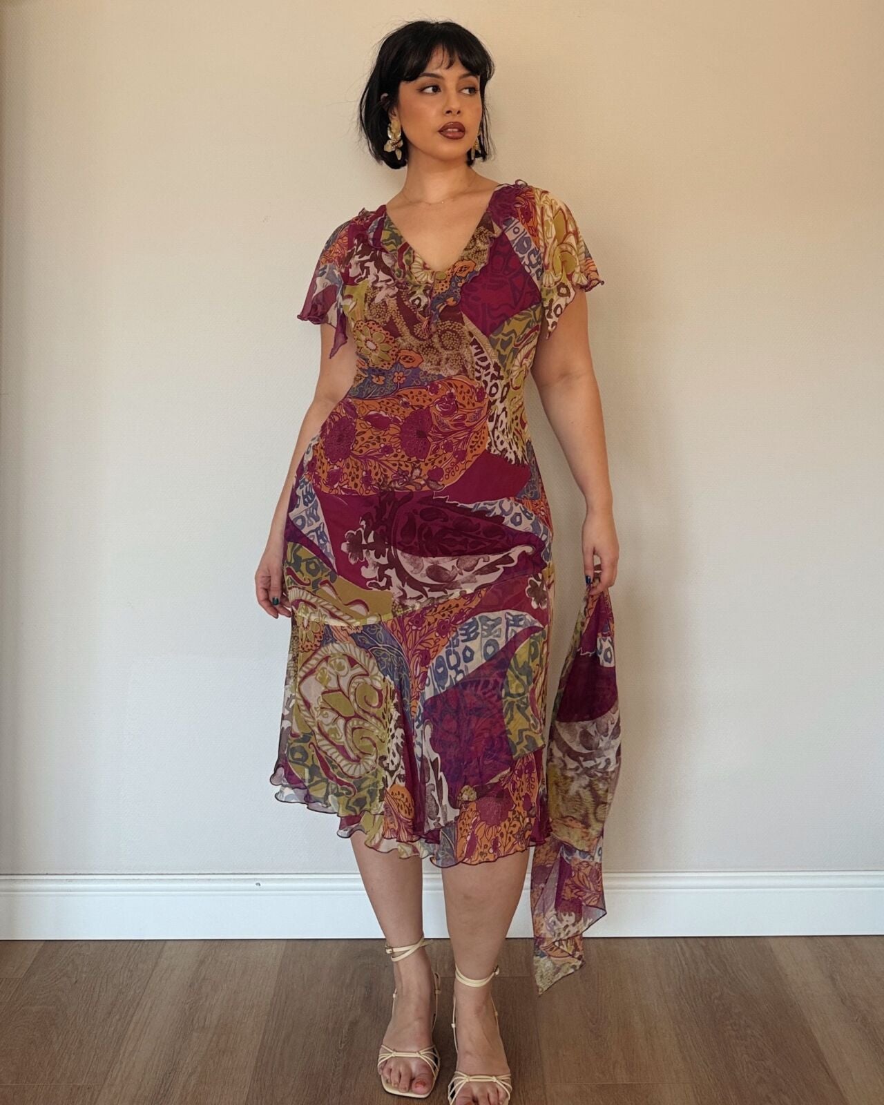 Burgundy Patchwork Midi Dress