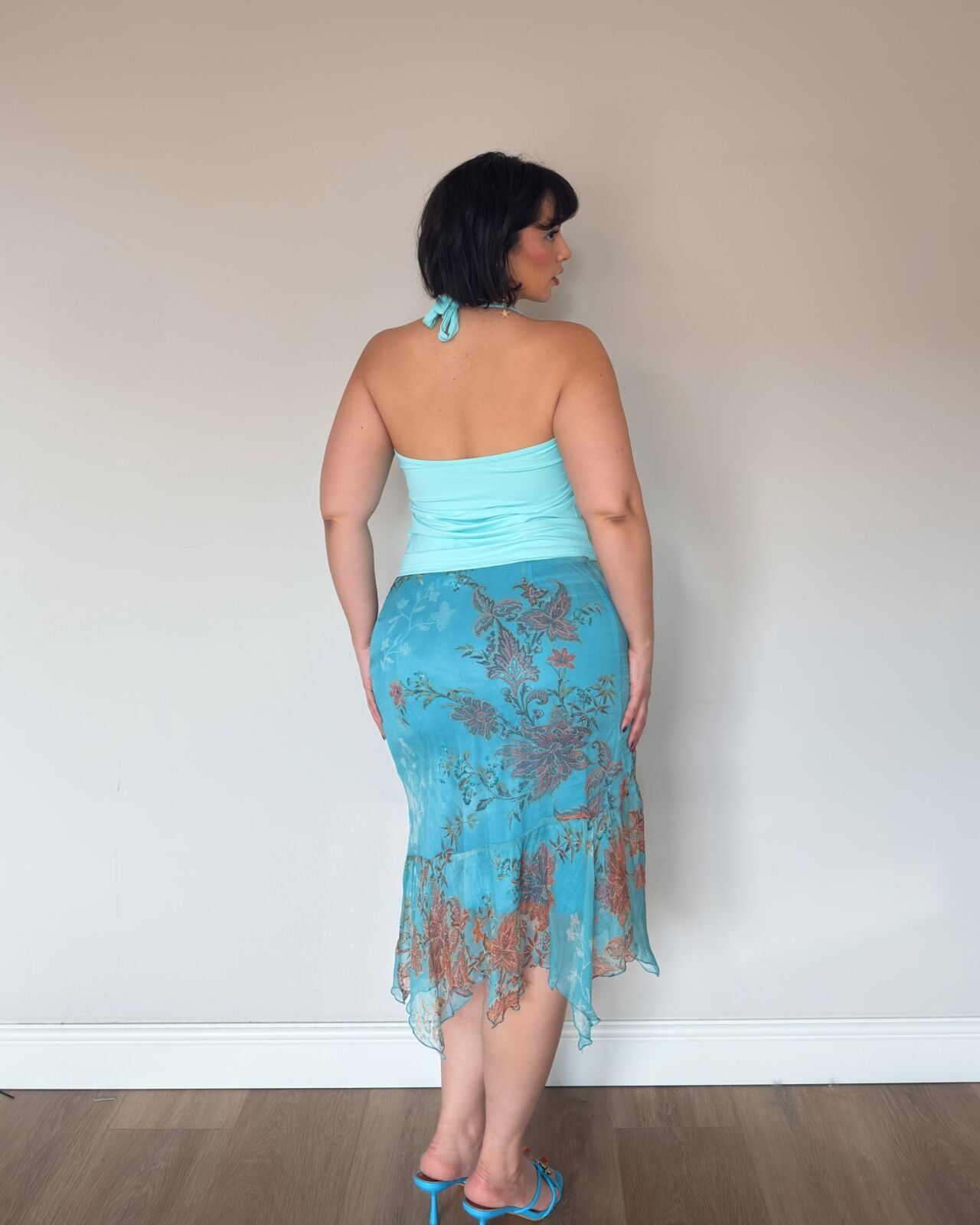 Blue Silk Floral Midi Skirt