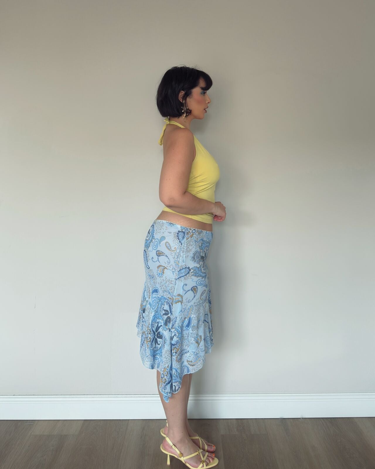 Blue Paisley Asymmetrical Midi Skirt