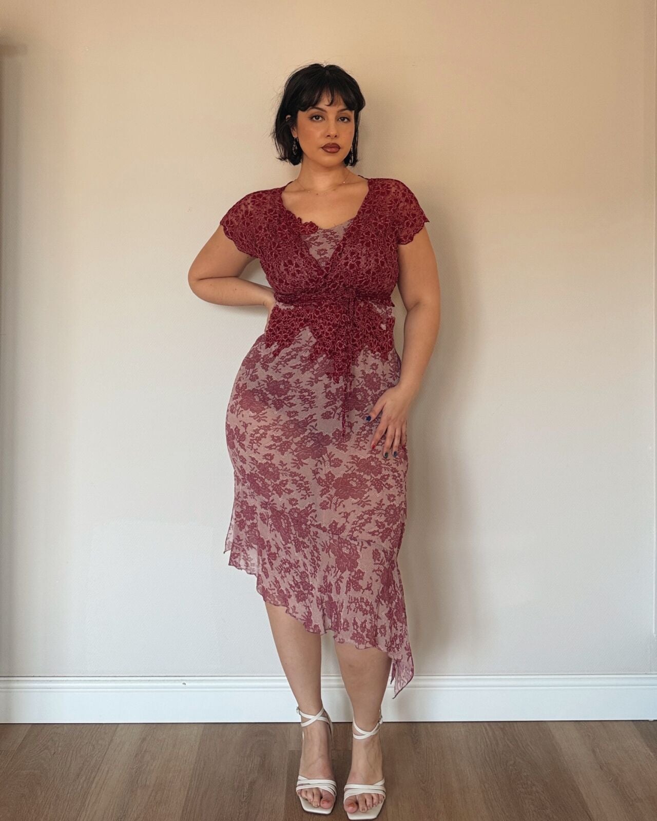 Burgundy Lace Midi Dress – with matching lace vest
