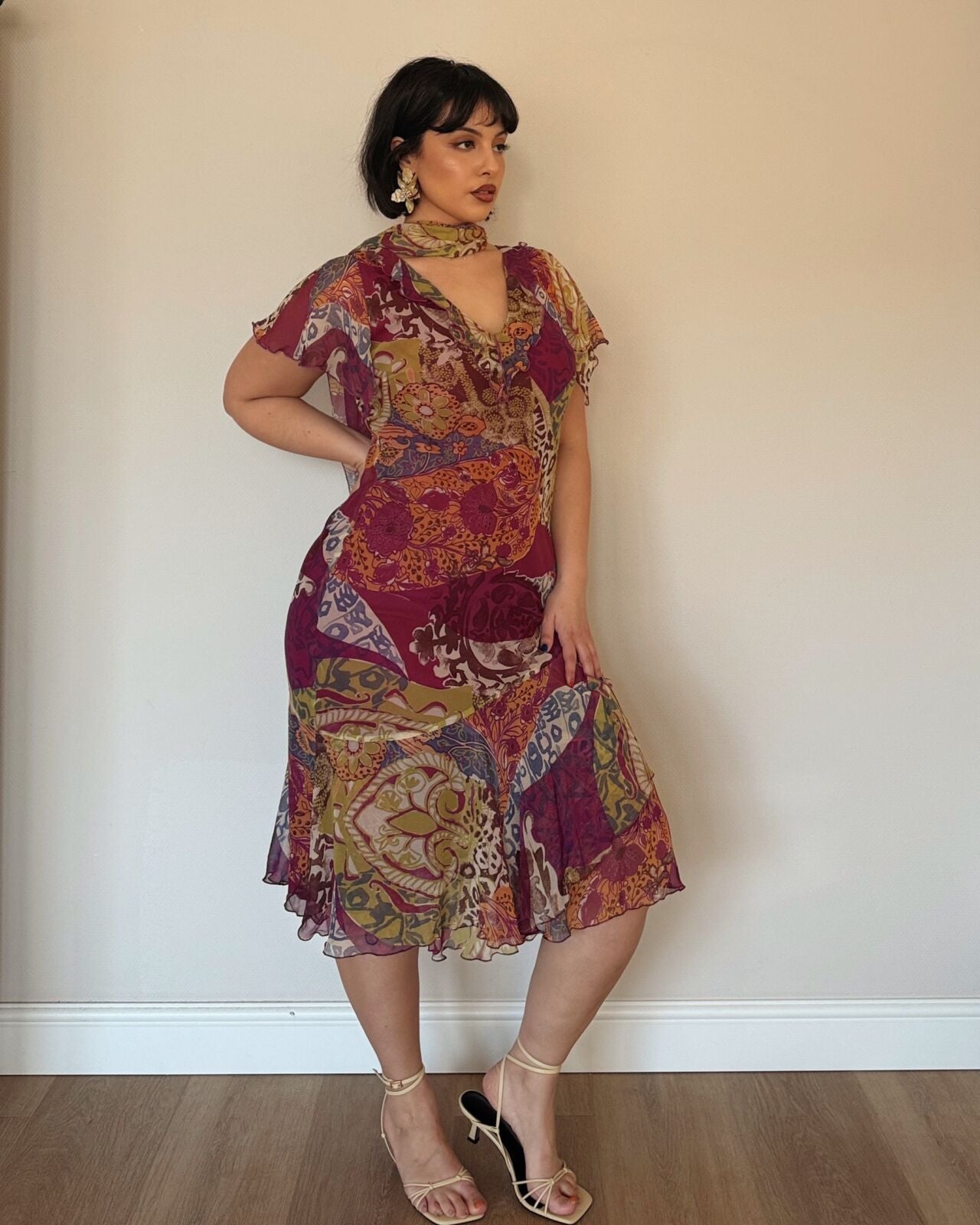 Burgundy Patchwork Midi Dress