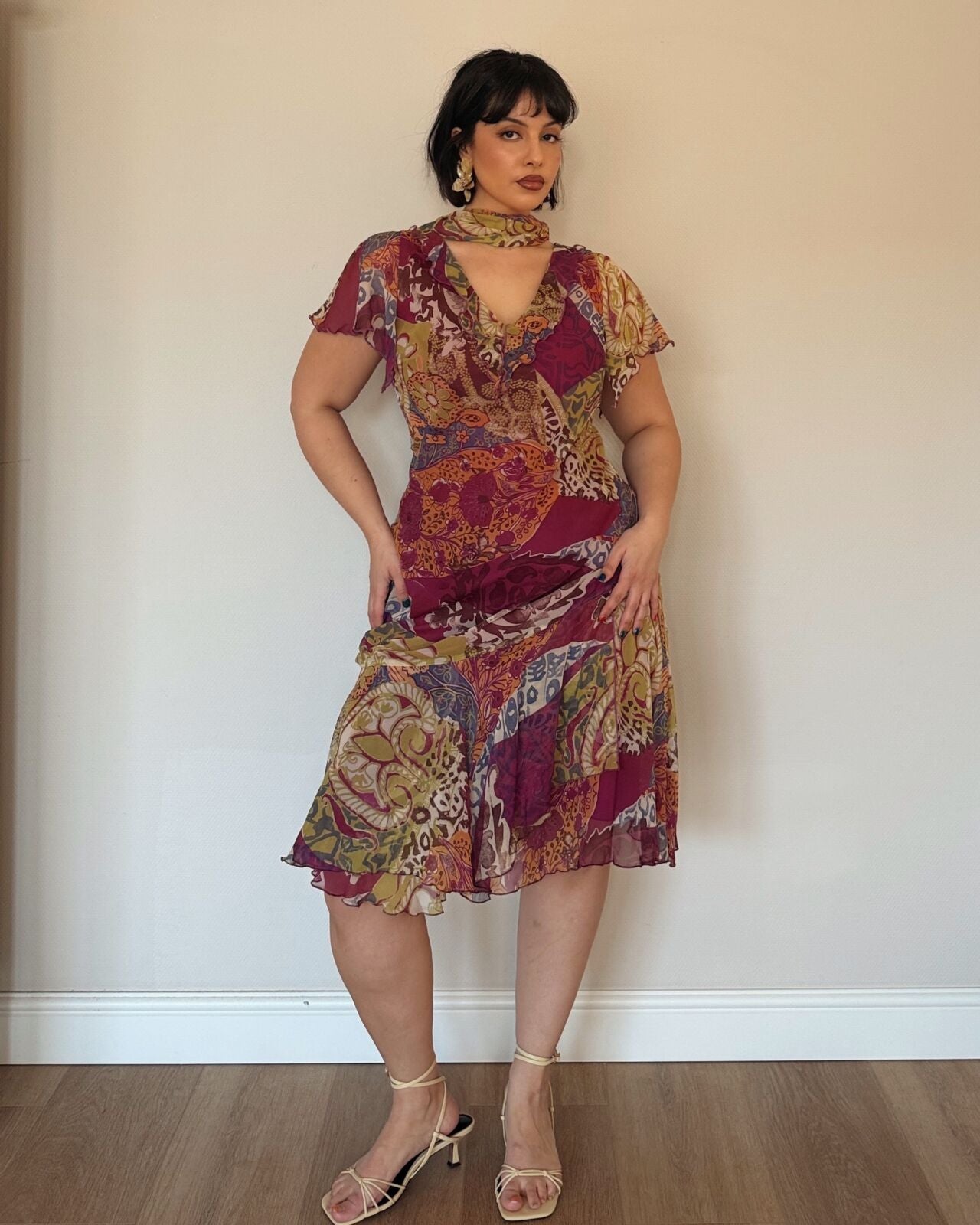 Burgundy Patchwork Midi Dress