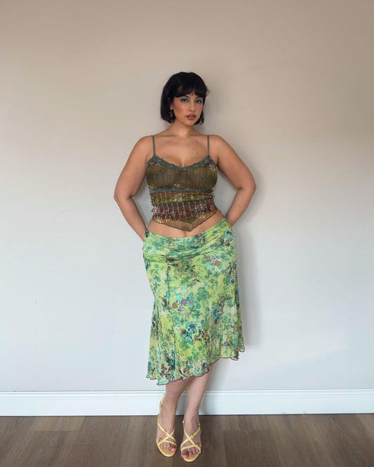 Green Floral Midi Skirt