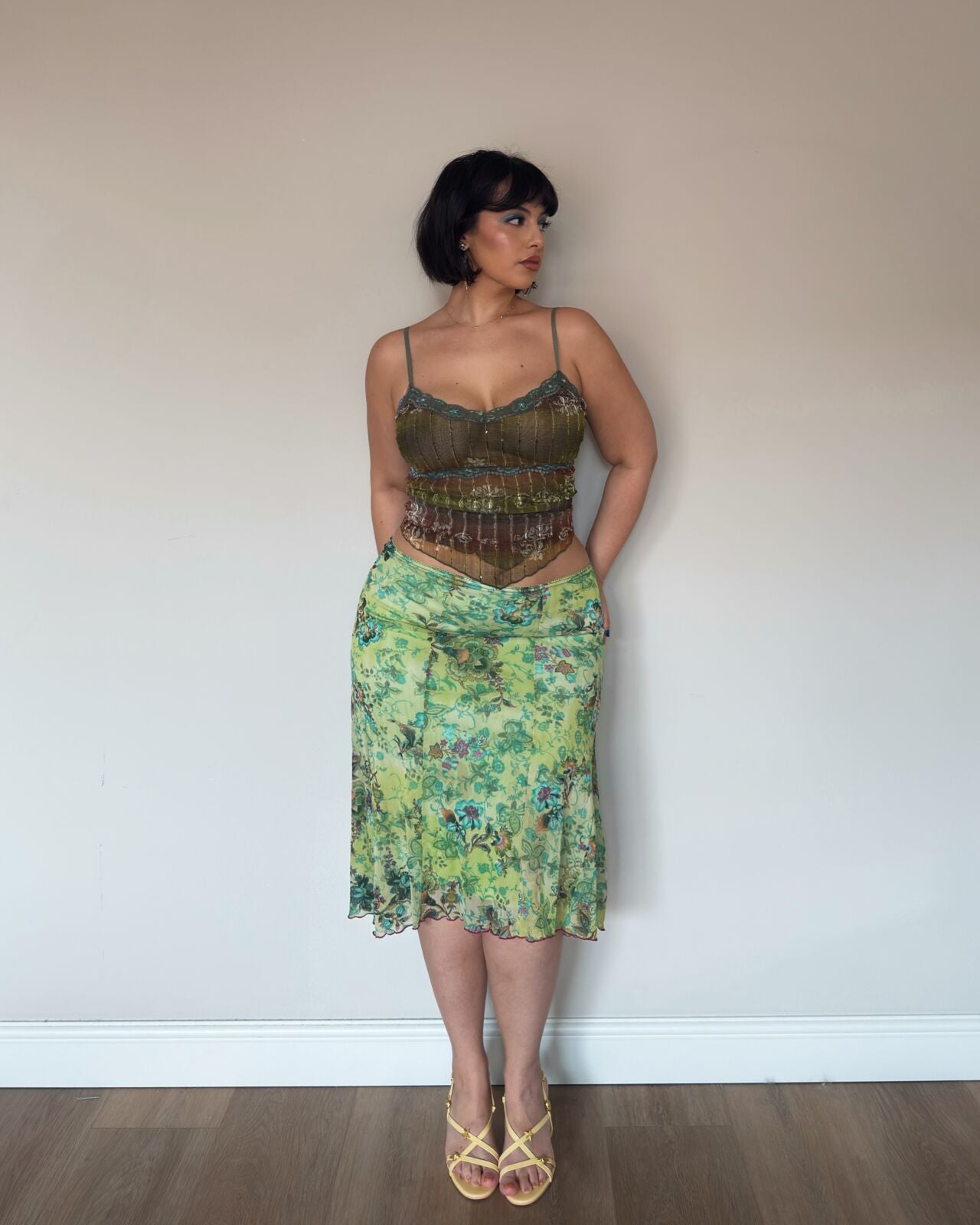 Green Floral Midi Skirt