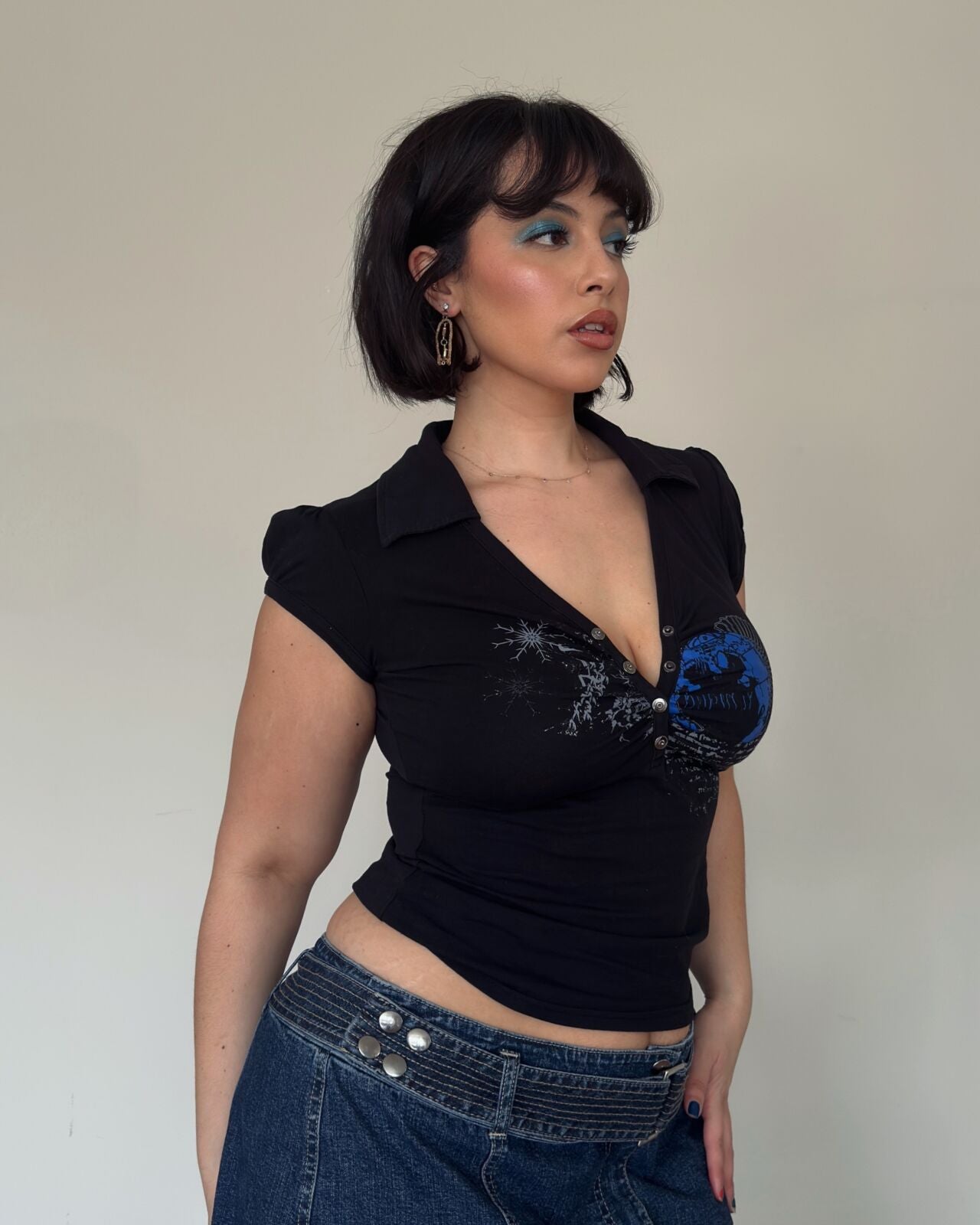 Black Graphic 2000s Collared Top