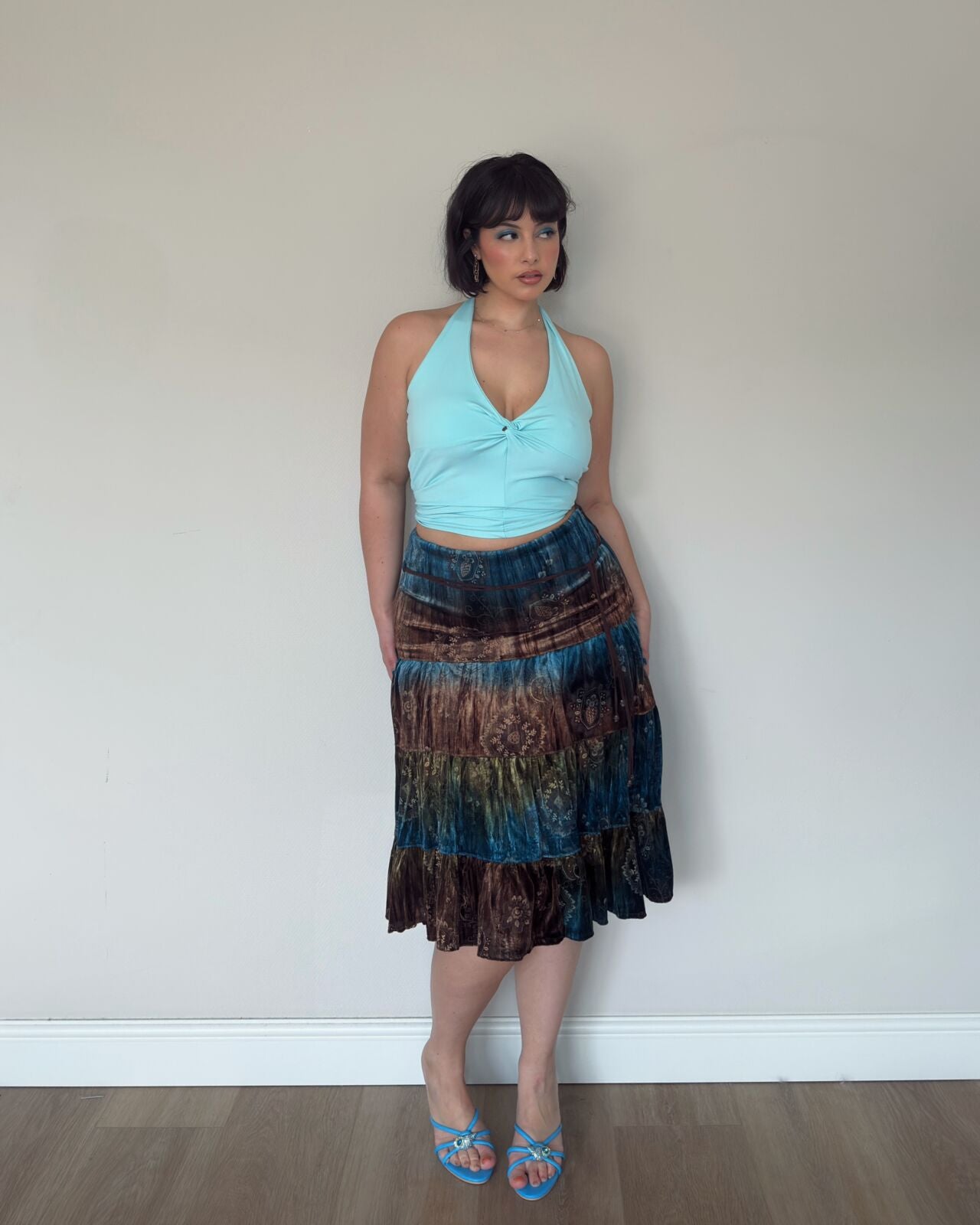Teal & Brown Velvet Tiered Skirt