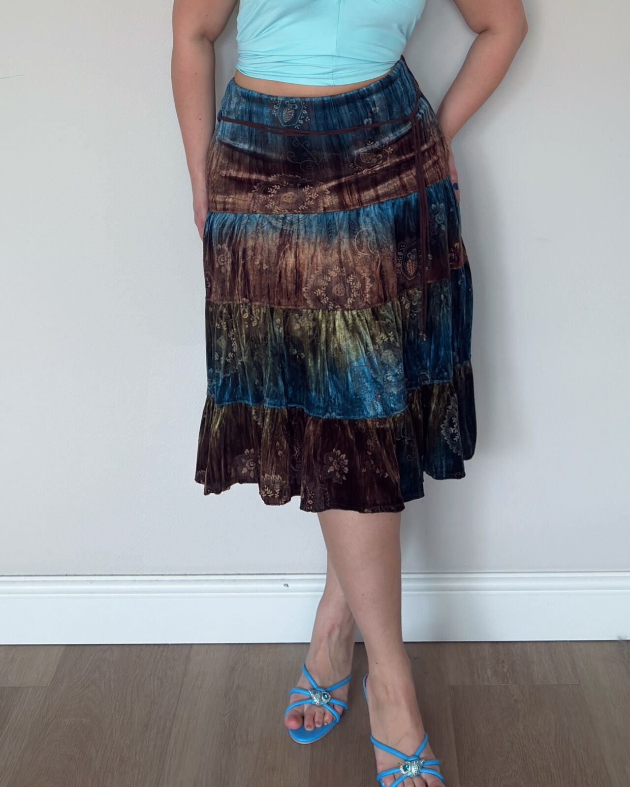 Teal & Brown Velvet Tiered Skirt