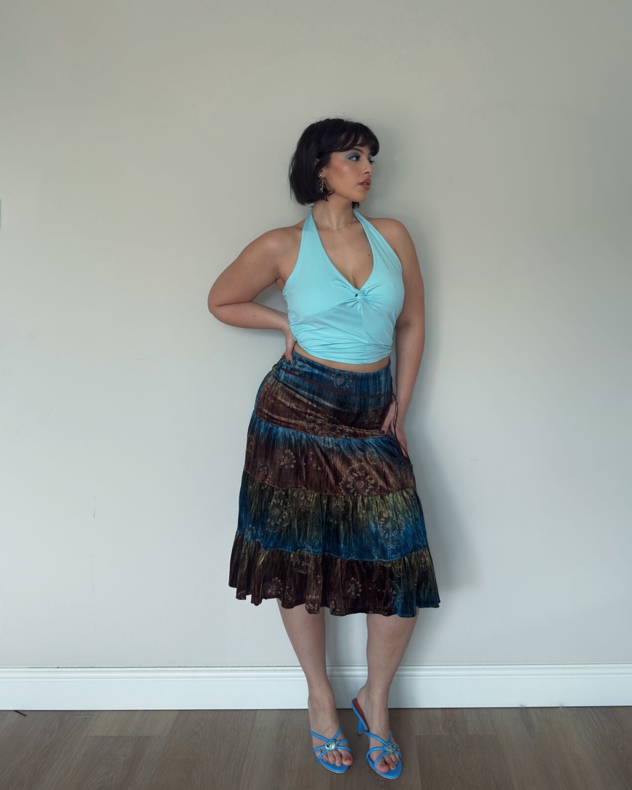 Teal & Brown Velvet Tiered Skirt
