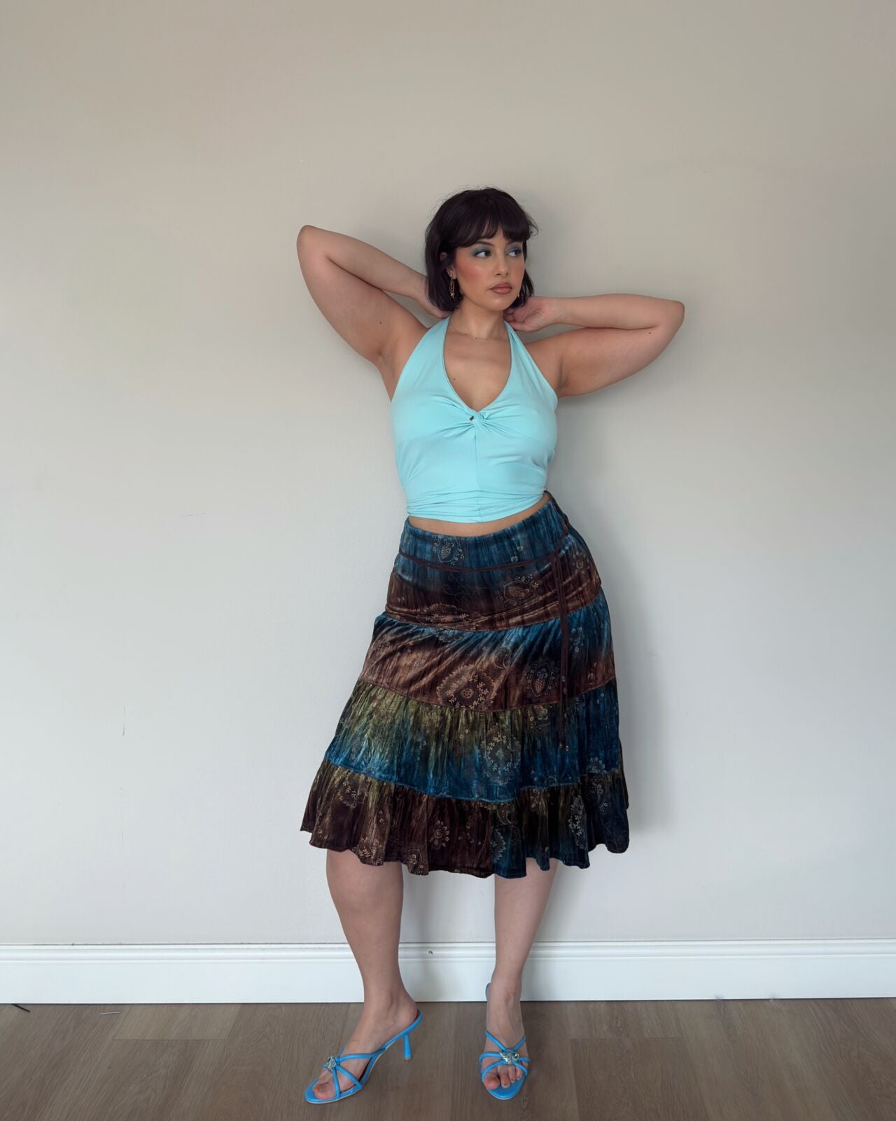 Teal & Brown Velvet Tiered Skirt