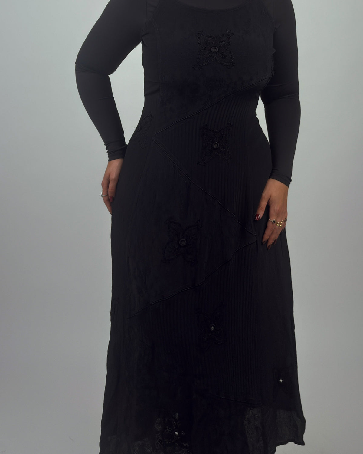 Black Embroidered Midi Dress with Tie Back - M/L